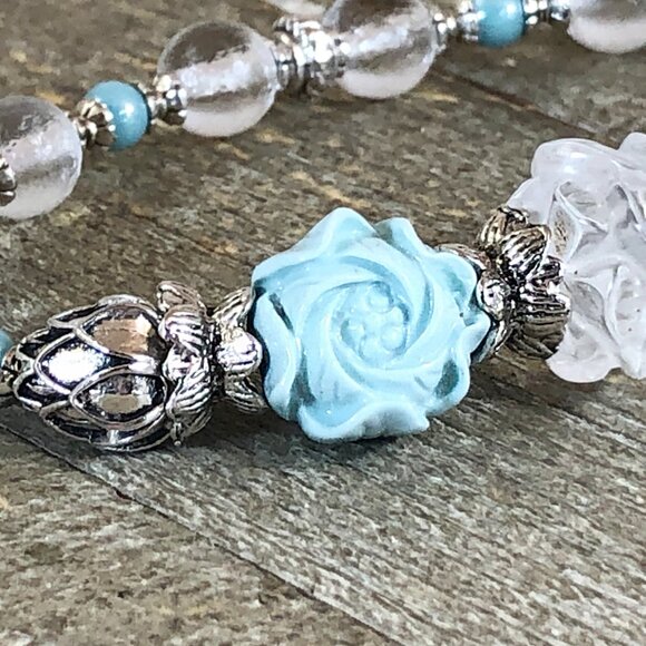 Rock Quartz Double Lotus Bracelet, Shell Powder Blue Flowers - Picture 4 of 7